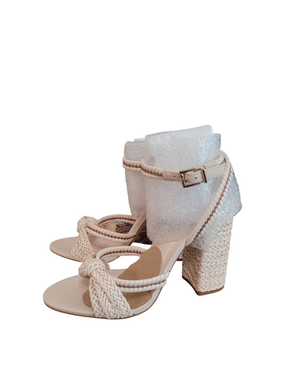 New Steve Madden Beige Knotted Woven Block Heel Sandals Ankle Strap 9.5 Leather - Picture 3 of 6